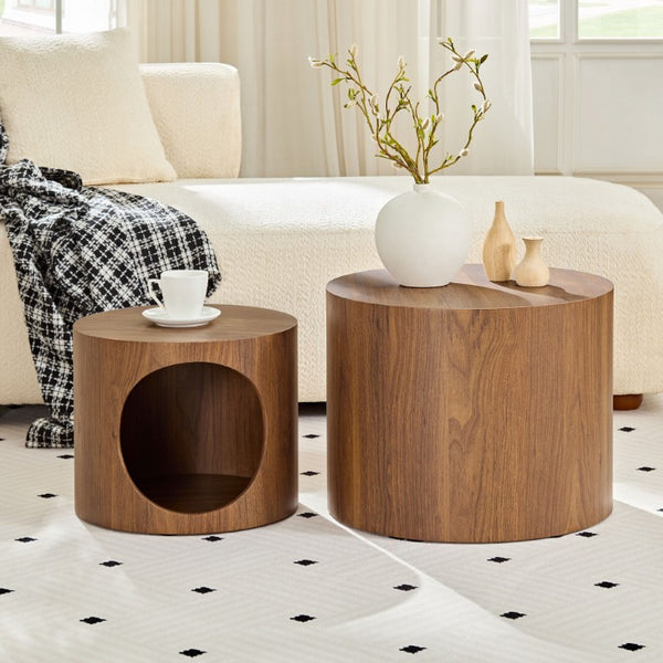 English Elm Cat Nest Cylindrical Nesting Tables Matte Wood Grain MDF Set for Modern Living Rooms Walnut Brown W876P540343