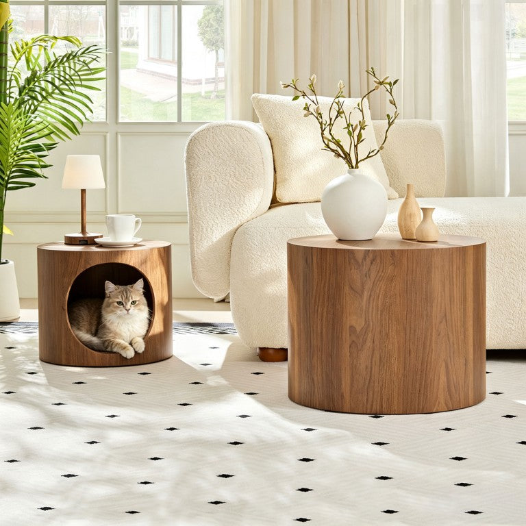 English Elm Cat Nest Cylindrical Nesting Tables Matte Wood Grain MDF Set for Modern Living Rooms Walnut Brown W876P540343