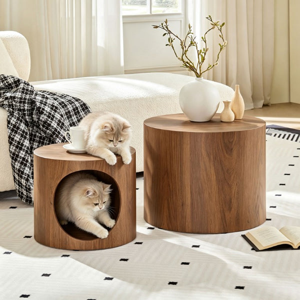 English Elm Cat Nest Cylindrical Nesting Tables Matte Wood Grain MDF Set for Modern Living Rooms Walnut Brown W876P540343