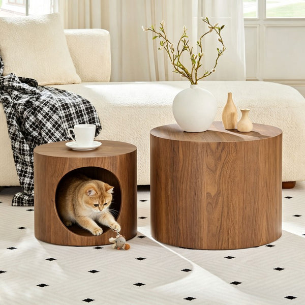 English Elm Cat Nest Cylindrical Nesting Tables Matte Wood Grain MDF Set for Modern Living Rooms Walnut Brown W876P540343