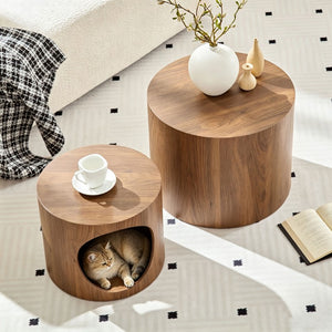 English Elm Cat Nest Cylindrical Nesting Tables Matte Wood Grain MDF Set for Modern Living Rooms Walnut Brown W876P540343