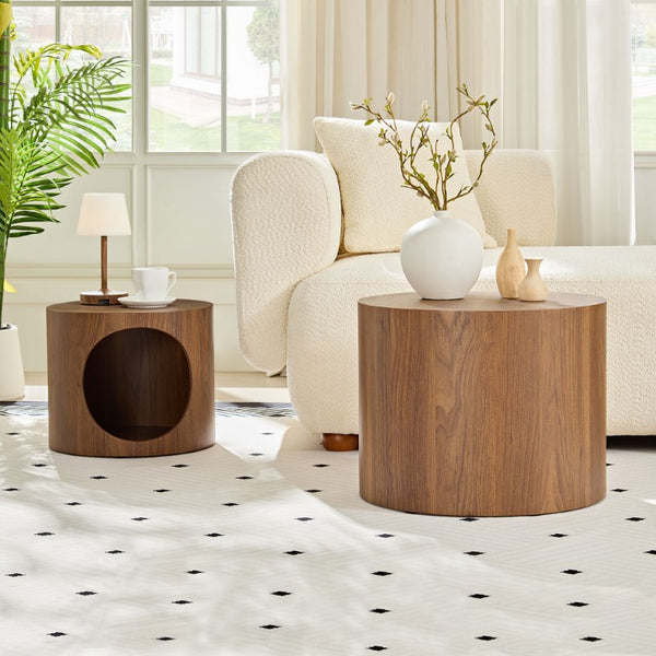 English Elm Cat Nest Cylindrical Nesting Tables Matte Wood Grain MDF Set for Modern Living Rooms Walnut Brown W876P540343