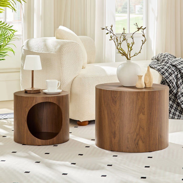 English Elm Cat Nest Cylindrical Nesting Tables Matte Wood Grain MDF Set for Modern Living Rooms Walnut Brown W876P540343