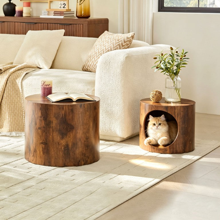 English Elm Cat Nest Cylindrical Nesting Tables Wood Grain MDF Set for Living Room Pet Retreat W876P540344
