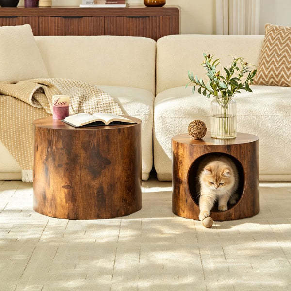 English Elm Cat Nest Cylindrical Nesting Tables Wood Grain MDF Set for Living Room Pet Retreat W876P540344