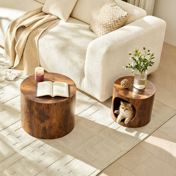 English Elm Cat Nest Cylindrical Nesting Tables Wood Grain MDF Set for Living Room Pet Retreat W876P540344