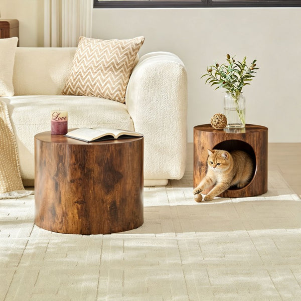 English Elm Cat Nest Cylindrical Nesting Tables Wood Grain MDF Set for Living Room Pet Retreat W876P540344