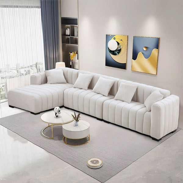 English Elm 139'' Velvet Sectional Sofa with Channel Tufting and Left Chaise for Living Rooms W876S00048
