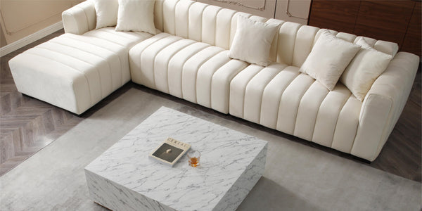English Elm 139'' Velvet Sectional Sofa with Channel Tufting and Left Chaise for Living Rooms W876S00048