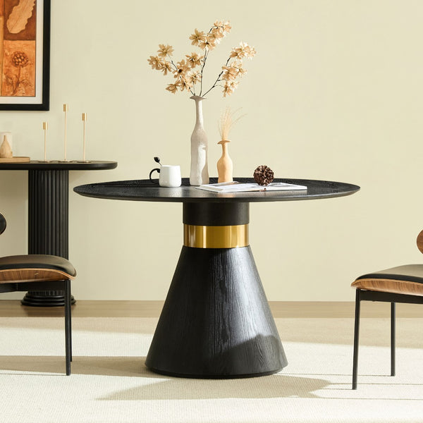English Elm 47.24'' Round Dining Table Seats Four with Black Mdf Top and Brushed Gold Pedestal Base W876S00344