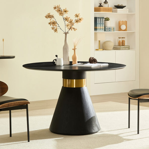 English Elm 47.24'' Round Dining Table Seats Four with Black Mdf Top and Brushed Gold Pedestal Base W876S00344