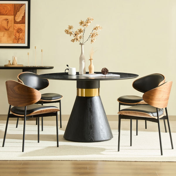 English Elm 47.24'' Round Dining Table Seats Four with Black Mdf Top and Brushed Gold Pedestal Base W876S00344