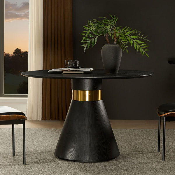 English Elm 47.24'' Round Dining Table Seats Four with Black Mdf Top and Brushed Gold Pedestal Base W876S00344