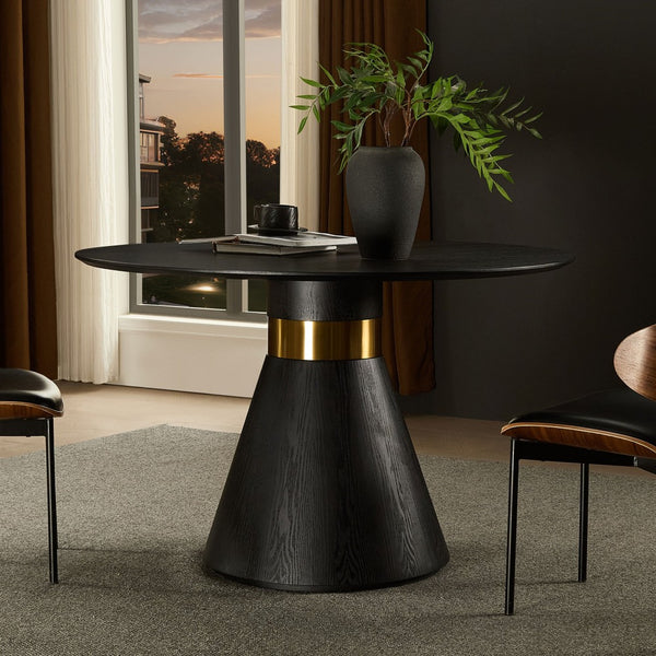 English Elm 47.24'' Round Dining Table Seats Four with Black Mdf Top and Brushed Gold Pedestal Base W876S00344