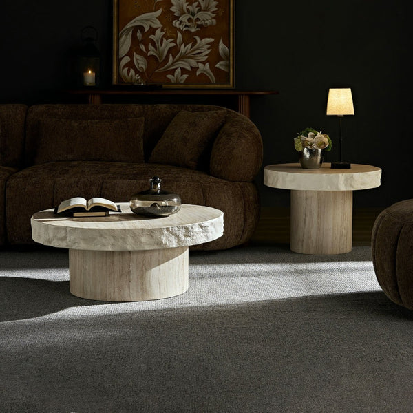 English Elm Set of 2 Faux Stone Fiberglass Nesting Coffee Tables for Modern Living Rooms W876S00345