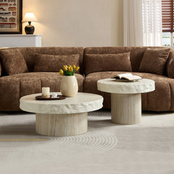 English Elm Set of 2 Faux Stone Fiberglass Nesting Coffee Tables for Modern Living Rooms W876S00345