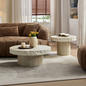 English Elm Set of 2 Faux Stone Fiberglass Nesting Coffee Tables for Modern Living Rooms W876S00345