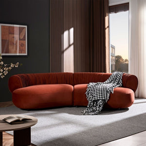 English Elm 102.36 Curved Sectional Sofa Velvet Pleated Arc Silhouette for Modern Living Rooms Orange-Red W876S00353