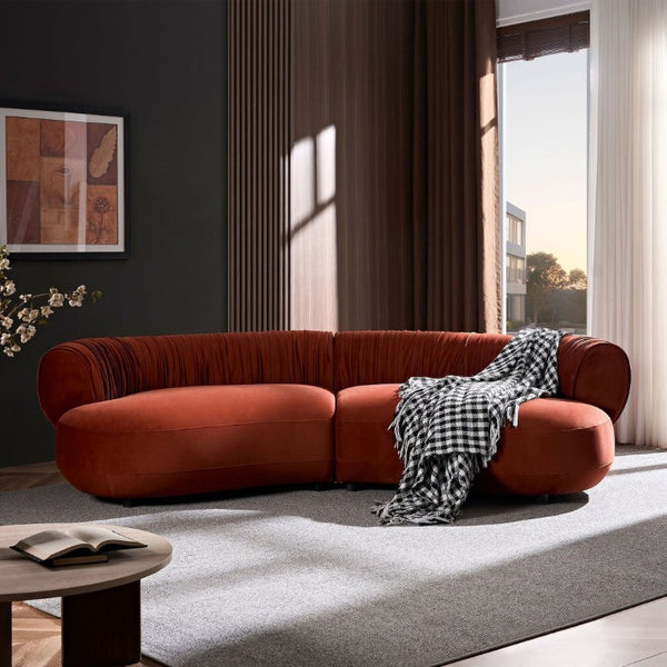 English Elm 102.36 Curved Sectional Sofa Velvet Pleated Arc Silhouette for Modern Living Rooms Orange-Red W876S00353
