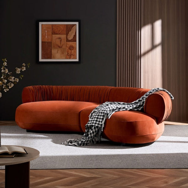 English Elm 102.36 Curved Sectional Sofa Velvet Pleated Arc Silhouette for Modern Living Rooms Orange-Red W876S00353