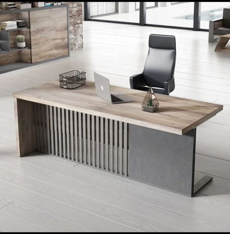 English Elm N2806 Industrial Executive Desk with Steel Privacy Baffle and Cable Management Left Layout W881P227643