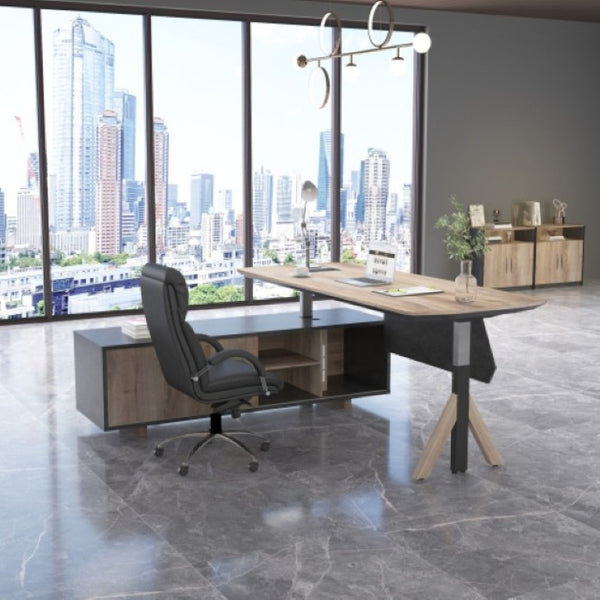 English Elm N2801 Executive Desk with Curved Top Six Storage Cabinets and Privacy Baffle W881P501616