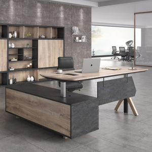 English Elm N2801 Executive Desk with Curved Top Six Storage Cabinets and Privacy Baffle W881P501616