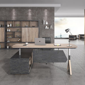 English Elm N2801 Executive Desk with Curved Top Six Storage Cabinets and Privacy Baffle W881P501616
