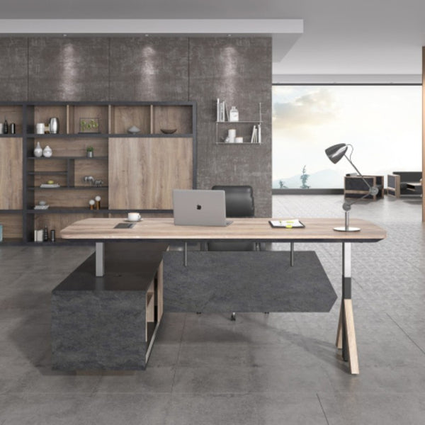 English Elm N2801 Executive Desk with Curved Top Six Storage Cabinets and Privacy Baffle W881P501616