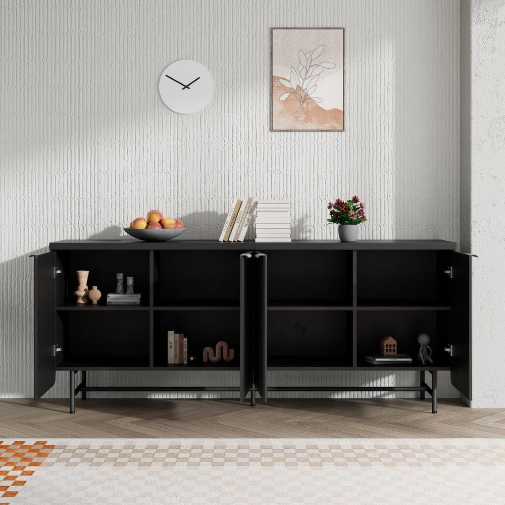 English Elm Modern Scandinavian Sideboard with Led Lighting Four Door Kitchen Dining Storage Cabinet Black W881S00041