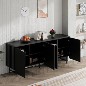 English Elm Modern Scandinavian Sideboard with Led Lighting Four Door Kitchen Dining Storage Cabinet Black W881S00041