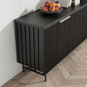 English Elm Modern Scandinavian Sideboard with Led Lighting Four Door Kitchen Dining Storage Cabinet Black W881S00041