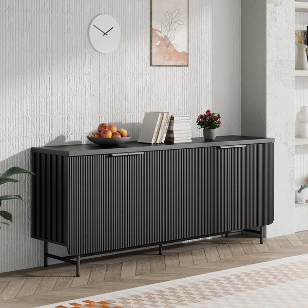 English Elm Modern Scandinavian Sideboard with Led Lighting Four Door Kitchen Dining Storage Cabinet Black W881S00041