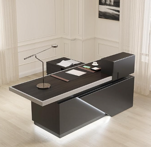 English Elm A2024-06 L-Shaped Executive Standing Desk with LED Lighting and Dual Surface Layout W881S00091