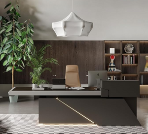 English Elm A2024-06 L-Shaped Standing Desk with LED Lighting and Built-In Cable Management W881S00093