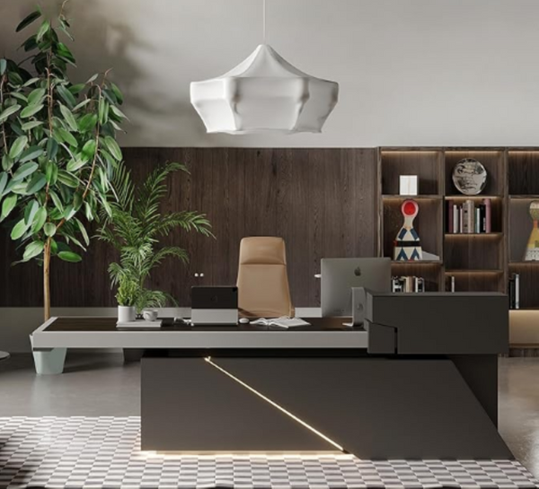 English Elm A2024-06 L-Shaped Standing Desk with LED Lighting and Built-In Cable Management W881S00093
