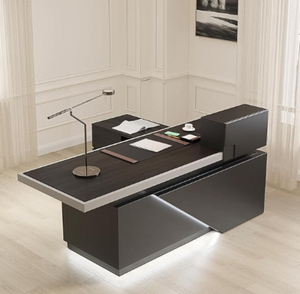English Elm A2024-06 L-Shaped Standing Desk with LED Lighting and Built-In Cable Management W881S00093