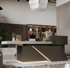 English Elm A2024-06 Geometric L-shaped Executive Desk with Led Lighting and Cable Management W881S00094