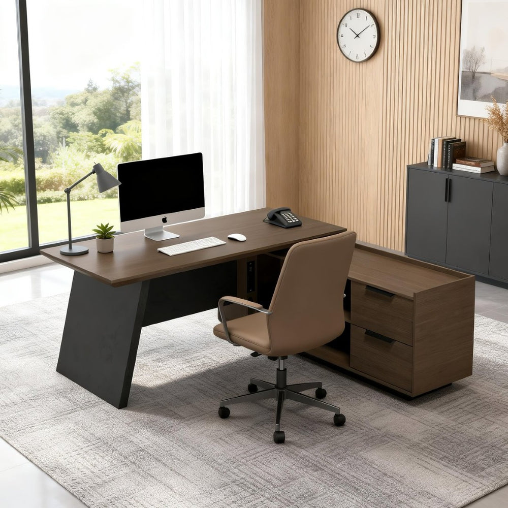English Elm X8807 Executive L-shaped Desk with Storage Cabinet for Modern Home Office Use W881S00139
