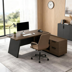 English Elm X8807 Executive L-shaped Desk with Storage Cabinet for Modern Home Office Use W881S00139