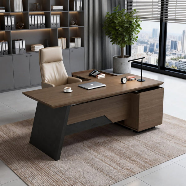 English Elm X8807 Executive L-shaped Desk with Storage Cabinet for Modern Home Office Use W881S00139