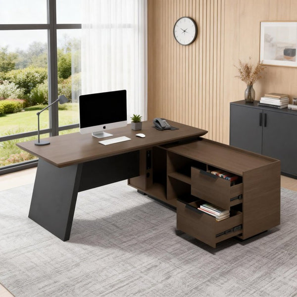 English Elm X8807 Executive L-shaped Desk with Storage Cabinet for Modern Home Office Use W881S00139