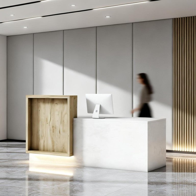 English Elm Wr006 L-Shaped Standing Desk with Privacy Baffle and Six Storage Cabinets Left W881S00178