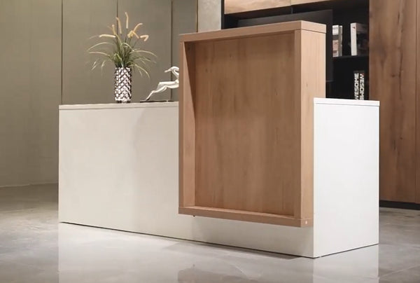 English Elm Wr006 L-Shaped Standing Desk with Privacy Baffle and Six Storage Cabinets Left W881S00178