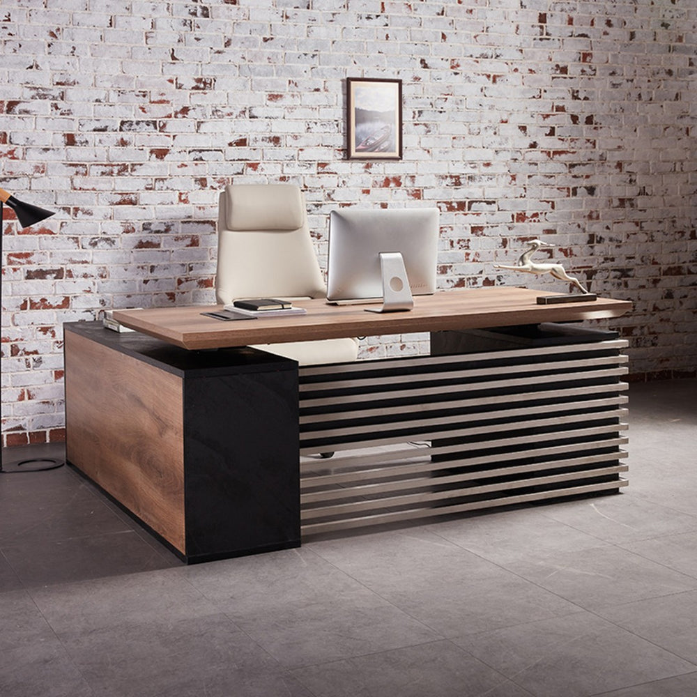 English Elm Iw009-b Mahogany Finish L-shaped Standing Desk with Seven Drawers for Home Office W881S00228