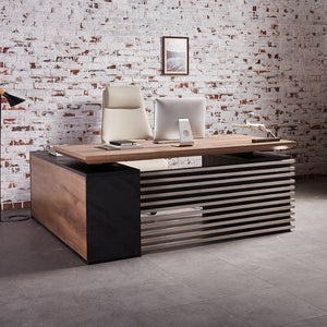 English Elm Iw009-b Mahogany Finish L-shaped Standing Desk with Seven Drawers for Home Office W881S00228