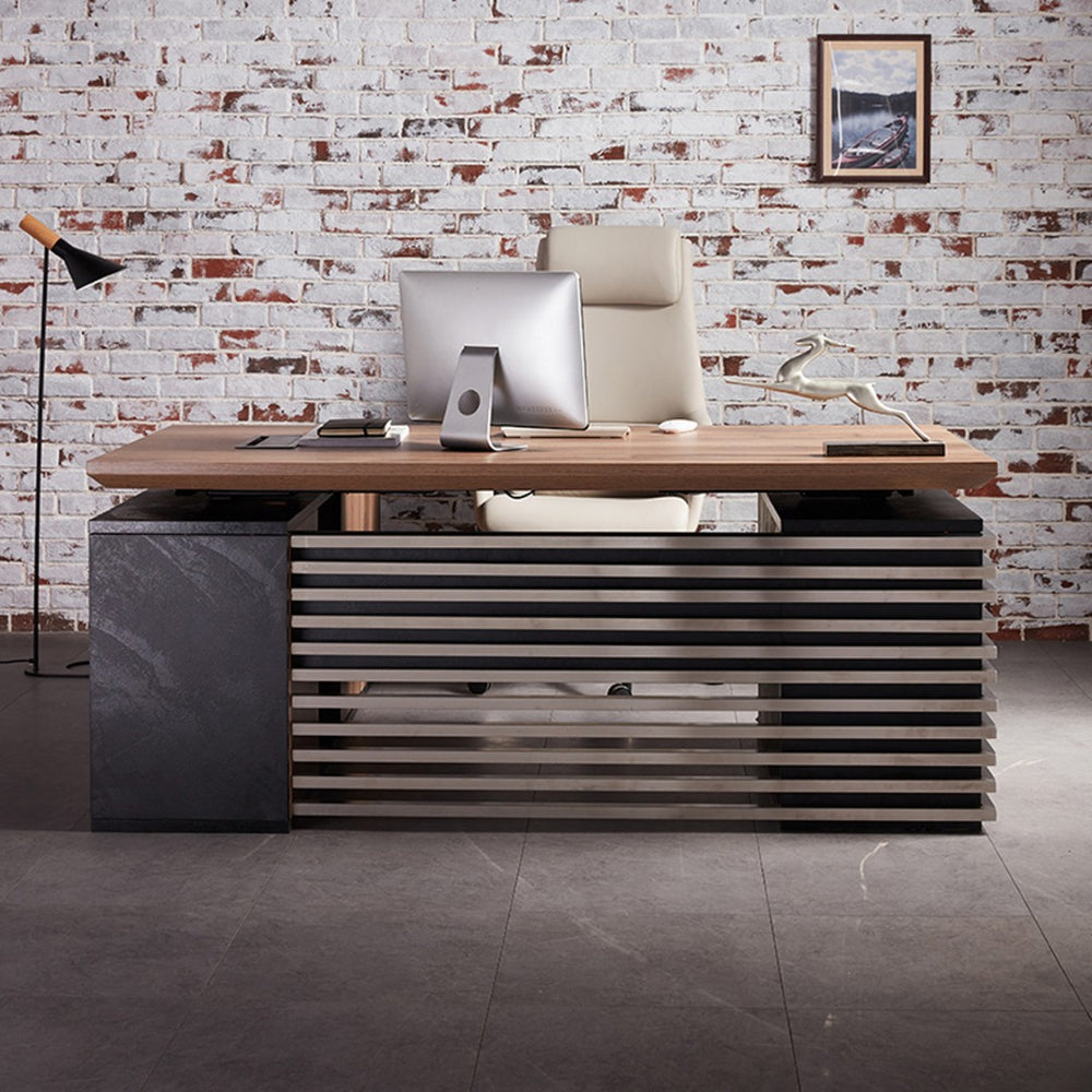 English Elm Iw009-b Mahogany Finish L-shaped Standing Desk with Seven Drawers for Home Office W881S00228