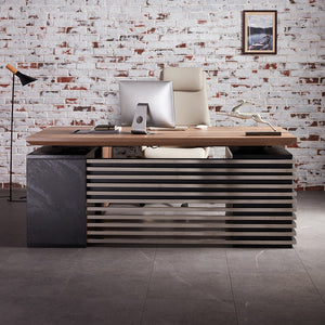 English Elm Iw009-b Mahogany Finish L-shaped Standing Desk with Seven Drawers for Home Office W881S00228
