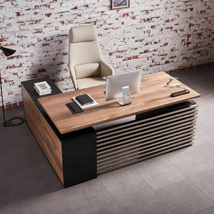 English Elm Iw009-b Mahogany Finish L-shaped Standing Desk with Seven Drawers for Home Office W881S00228