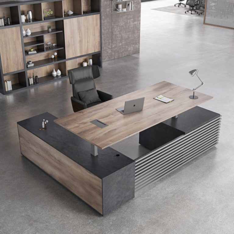 English Elm M2511 Electric L-Shaped Standing Desk with Seven Drawers and Aluminum Bezel Frame W881S00270